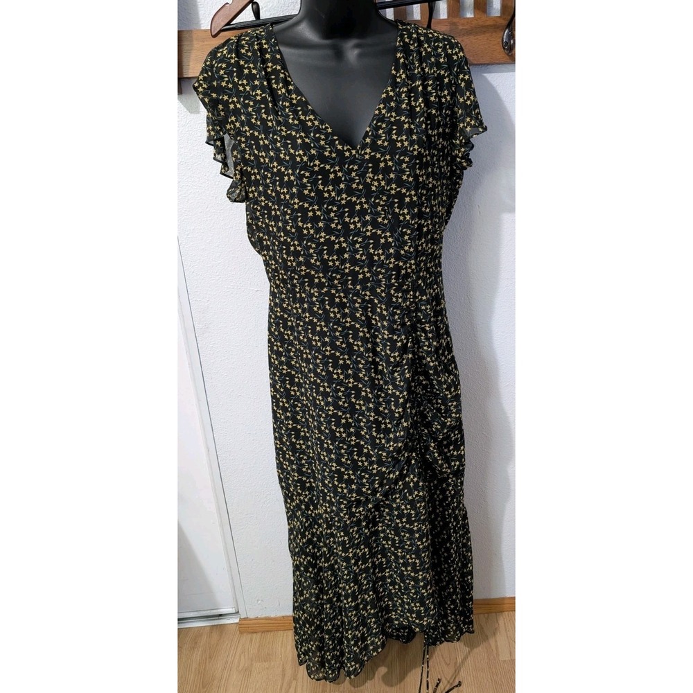 Sam Edelman Floral Midi‎ Dress Women Sz8 Black Yellow Ruched Side Ruffle Sleeve